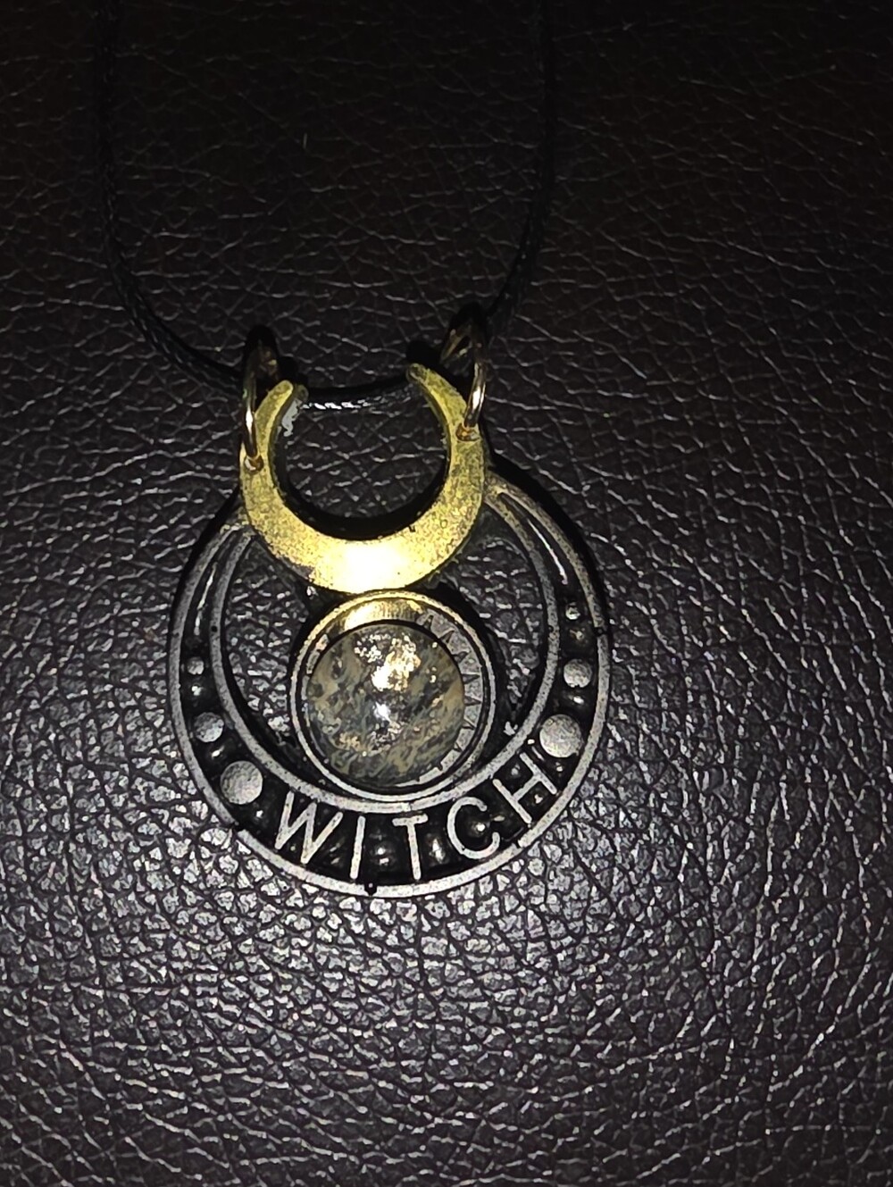 Witch Pendant With Center Gemstone  & Yellow Moon On 18" Cord Nwcklace